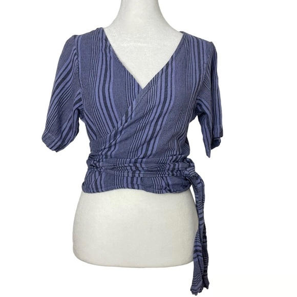 Fair Trade Boho Striped Cotton Cropped Wrap Top with Tie Waist Purple Striped - Picture 1 of 14